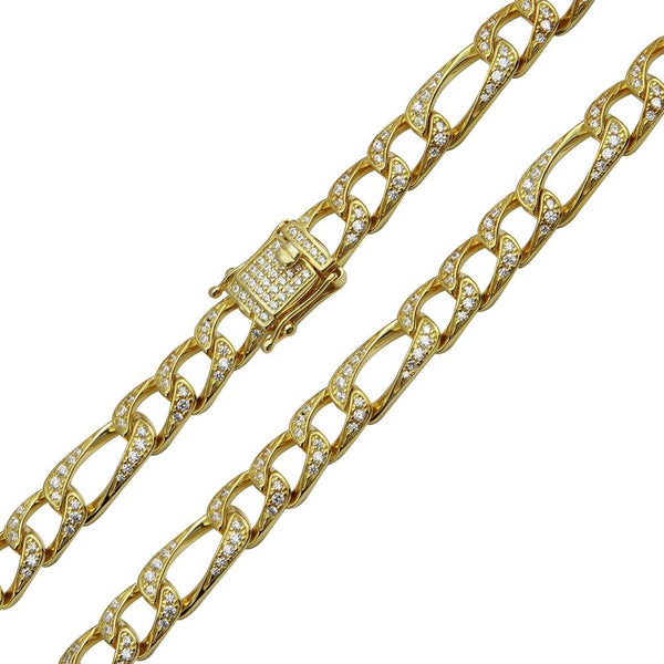 Silver 925 Gold Plated CZ Encrusted Figaro Chains 8.2mm - CHCZ112 GP | Silver Palace Inc.