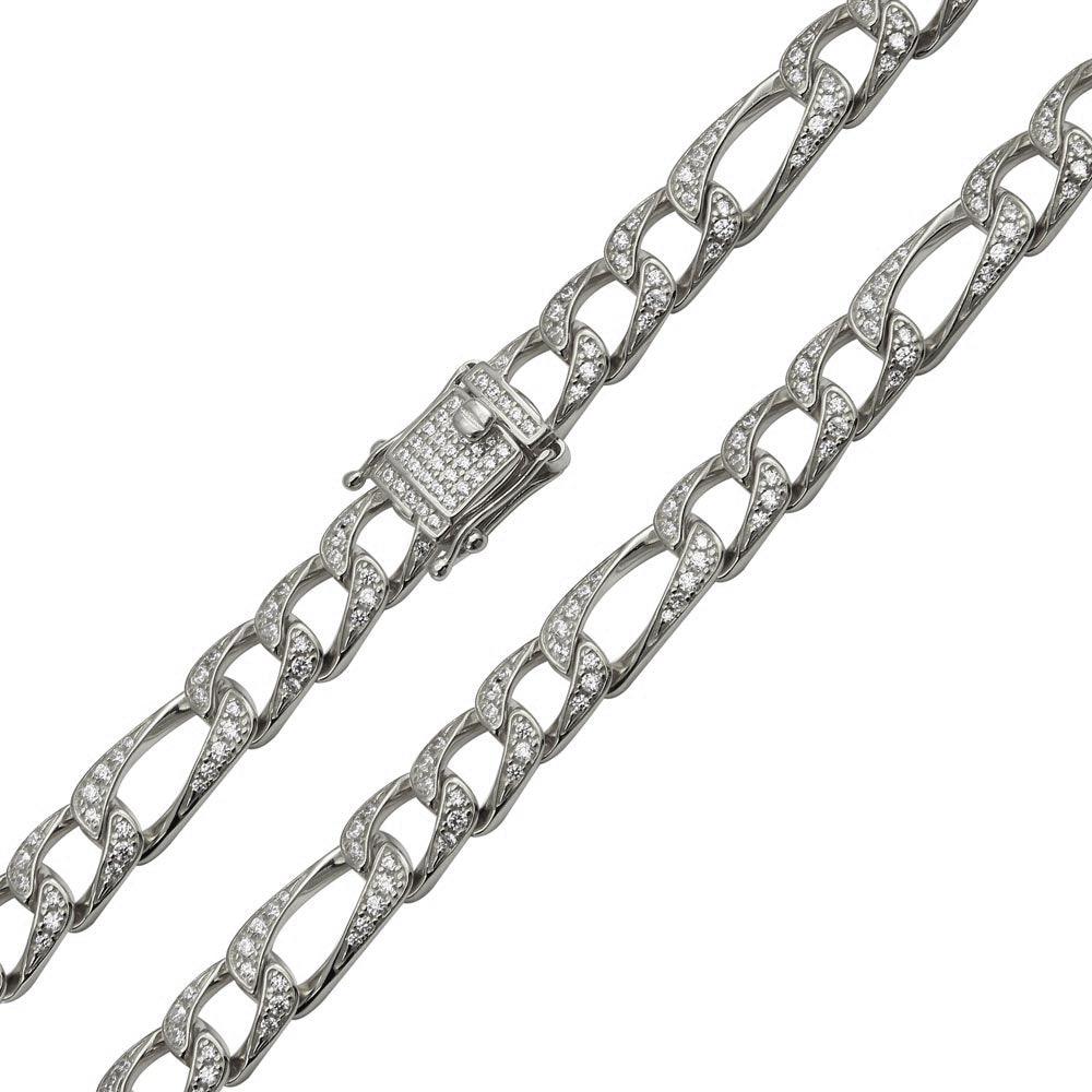 925 Sterling Silver CZ Encrusted Figaro Chain or Bracelet | Silver