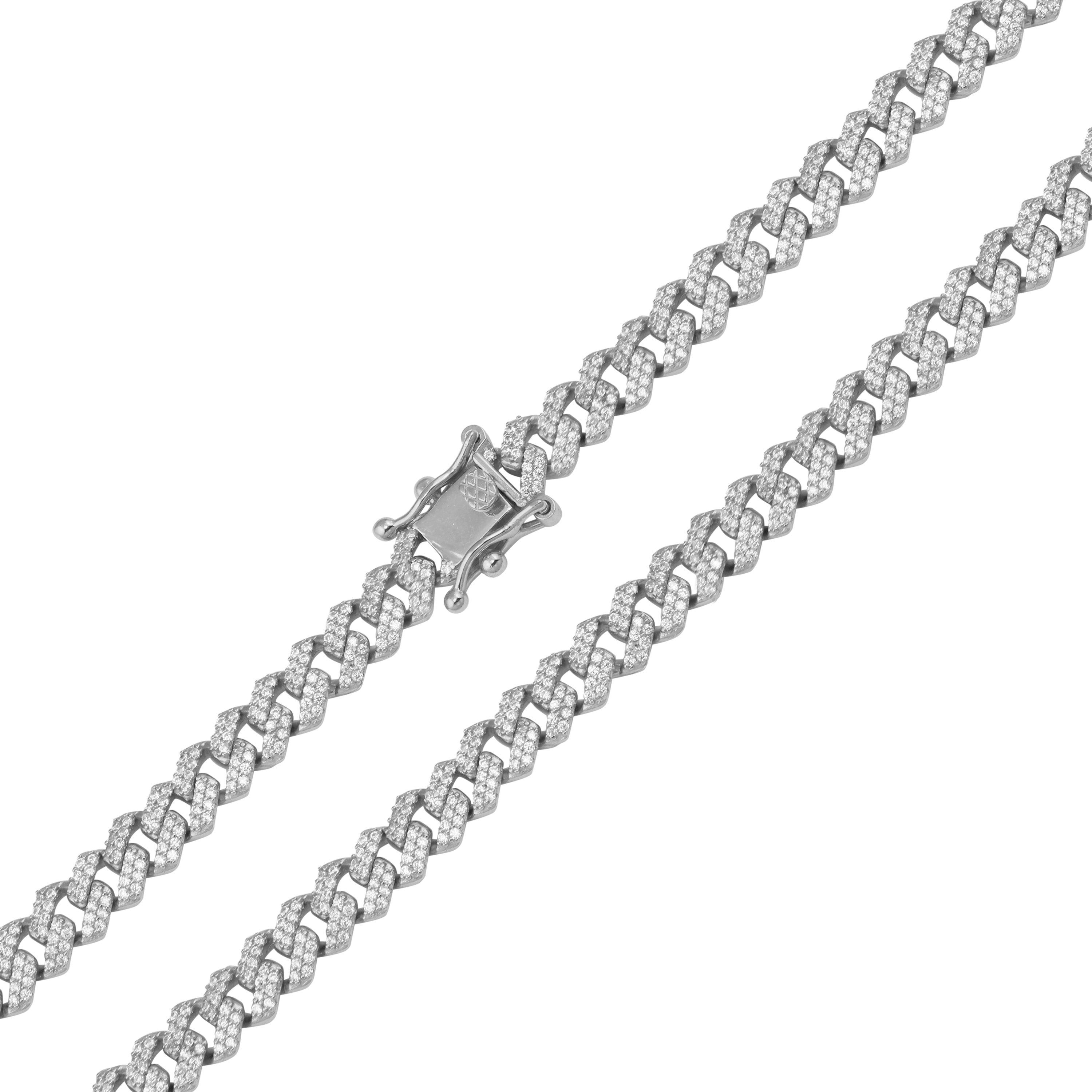 Rhodium Plated 925 Sterling Silver CZ Encrusted Curb Chains 7.2mm