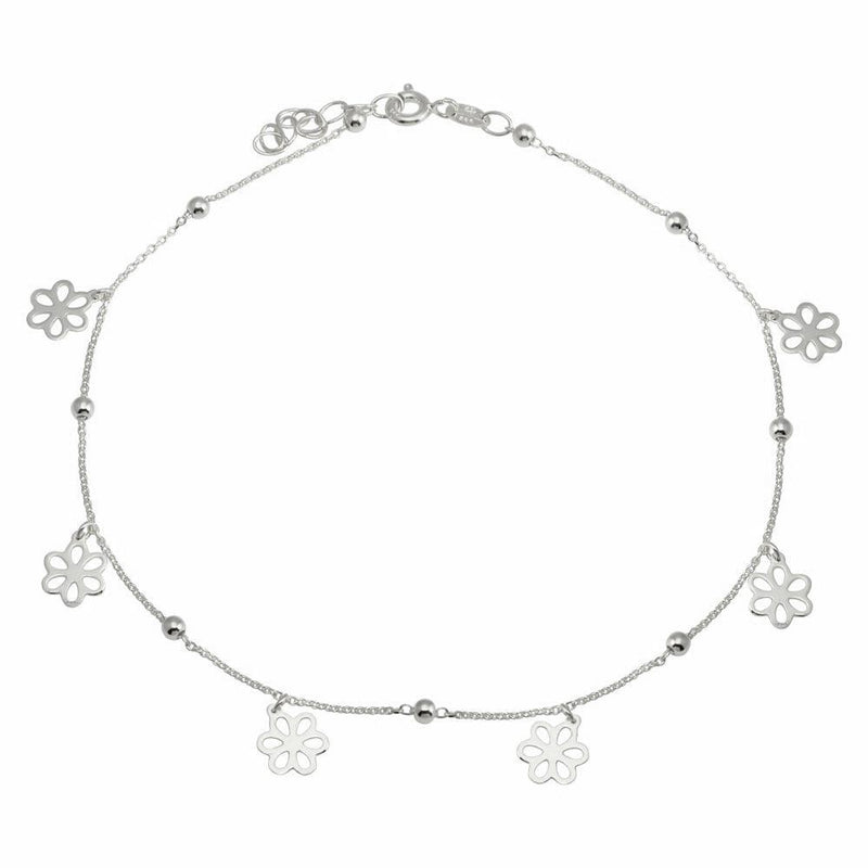 Silver 925 Rhodium Plated Dangling Flower Anklets - DIA00004RH | Silver Palace Inc.
