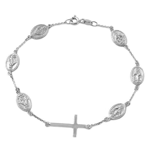 Silver 925 Rhodium Plated Cross with Religious Charms Bracelet
