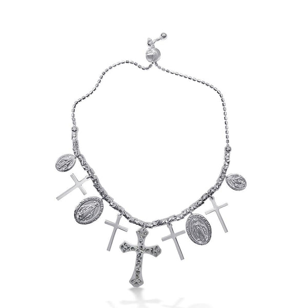 Silver 925 Rhodium Plated Cross and Medallion Charm Bracelet - DIB00053RH | Silver Palace Inc.