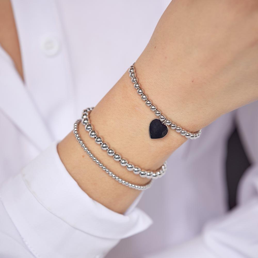 Rhodium Plated 925 Sterling Silver Beaded Engravable Heart Lariat