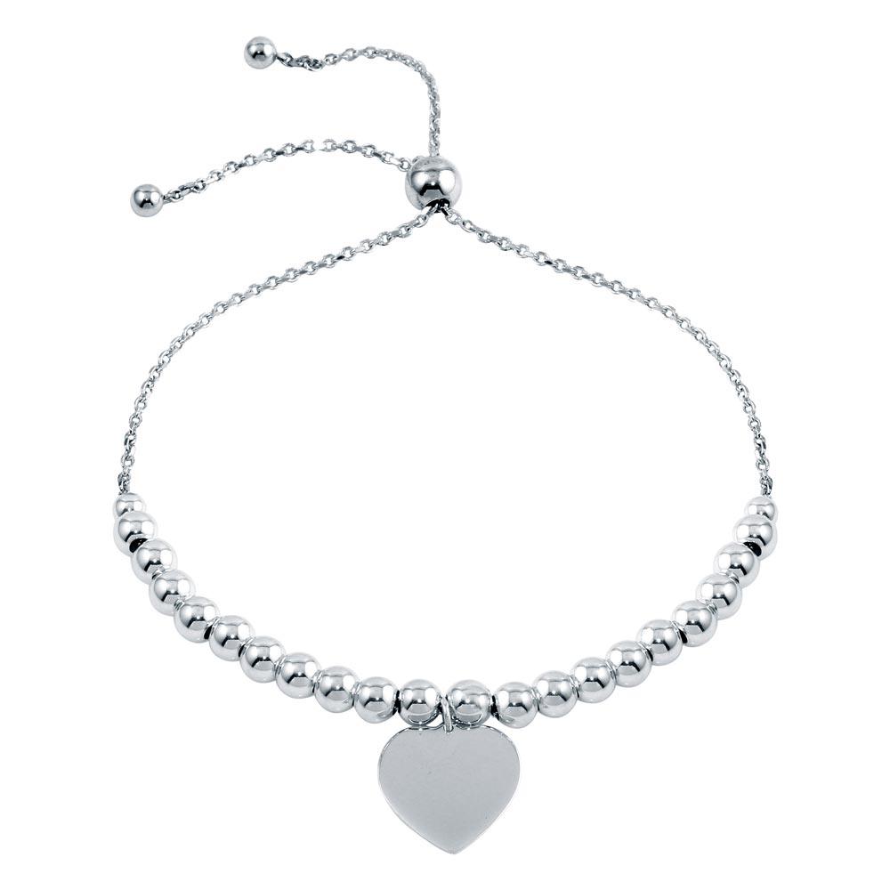 Rhodium Plated 925 Sterling Silver Beaded Engravable Heart Lariat