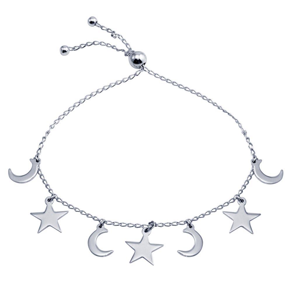 Rhodium Plated 925 Sterling Silver Crescent, Heart and Star