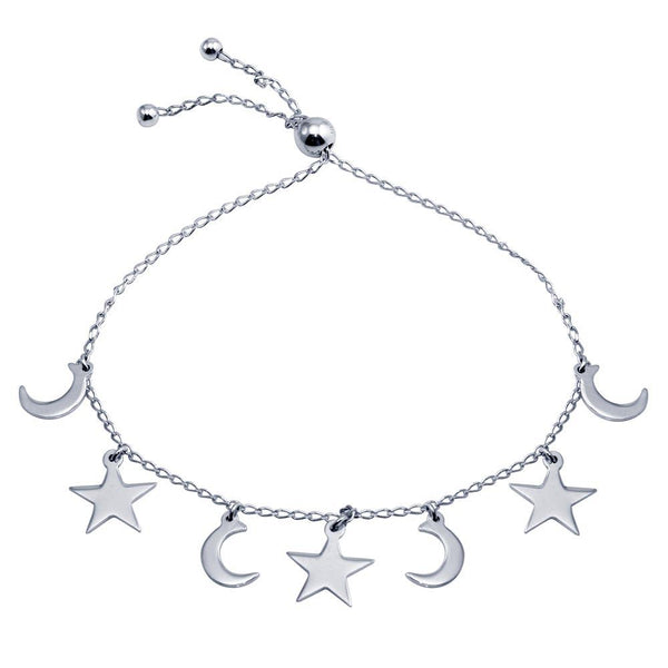 Silver 925 Rhodium Plated Crescent, Heart and Star Dangling Bracelet - DIB00074RH | Silver Palace Inc.
