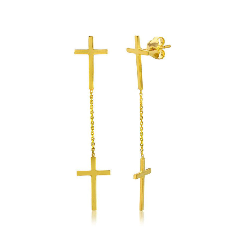 Silver 925 Gold Plated Double Hanging Cross Earrings - DIE00001GP | Silver Palace Inc.