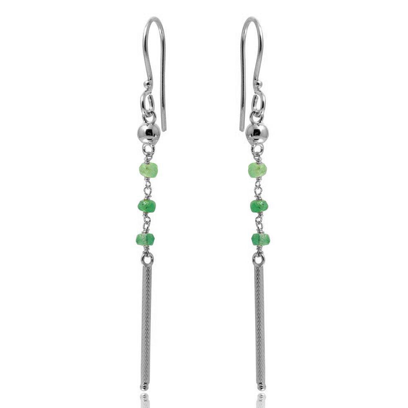 Silver 925 Rhodium Plated Dangling 3 Green Bead with Matte Rhodium Bar Earrings - DIE00009RH-EM | Silver Palace Inc.