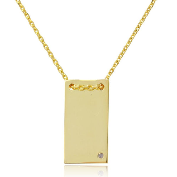 Silver 925 Gold Plated Engravable Rectangular Shaped Necklace with Diamond - DIN00075GP | Silver Palace Inc.
