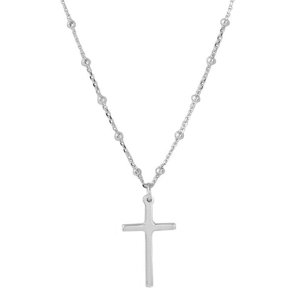 Silver 925 Rhodium Plated Cross Pendant with Beaded Chain - DIN00049RH | Silver Palace Inc.
