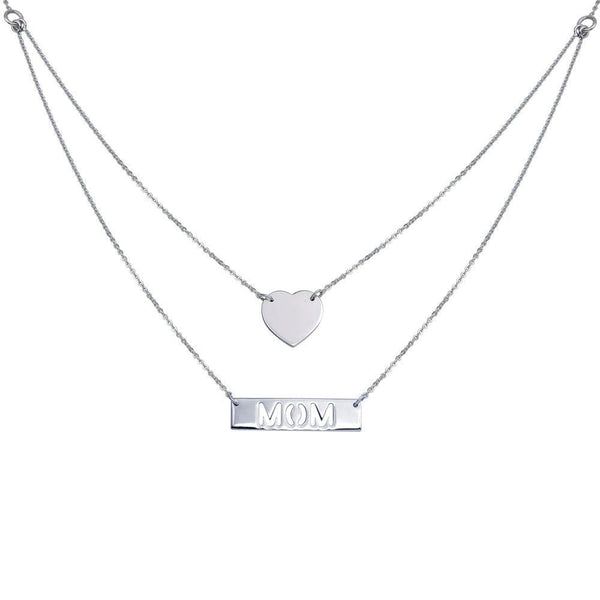 Silver 925 Rhodium Plated Double Chain Heart and "Mom" Pendant Necklace - DIN00053RH | Silver Palace Inc.