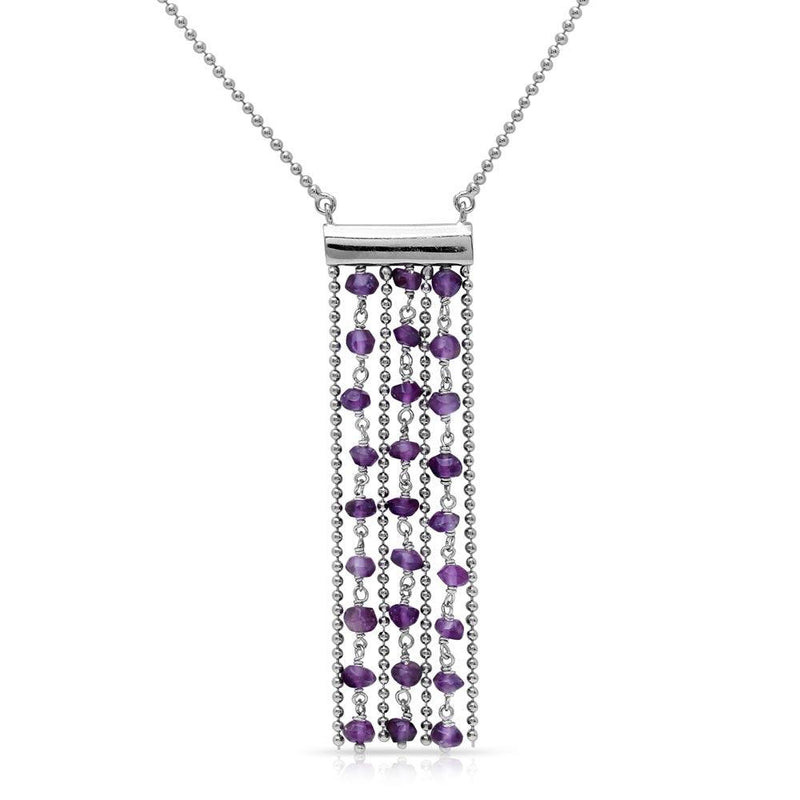 Silver 925 Rhodium Plated Bead Chain Necklace with Dropped Purple Beads - DIN00069RH-AM | Silver Palace Inc.