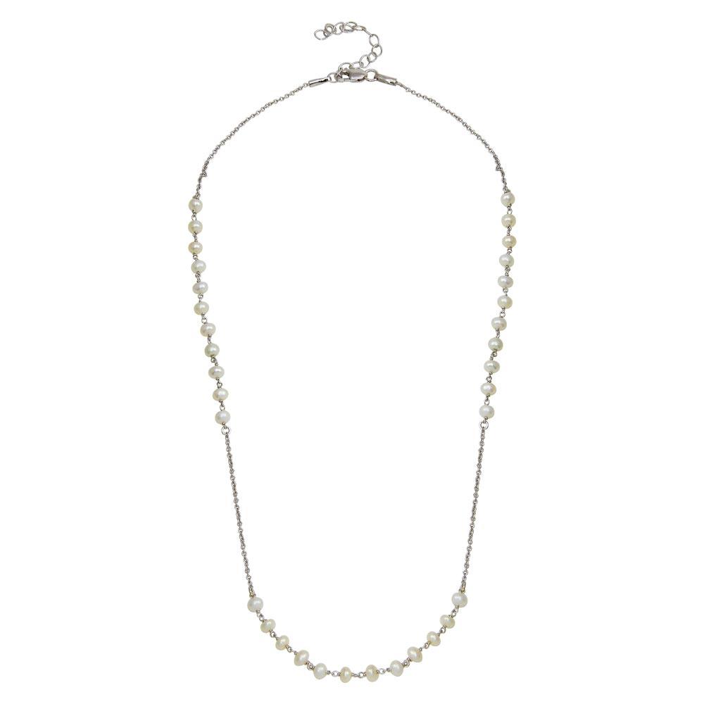 Silver 925 Rhodium Plated Synthetic Pearl Beads Necklace - DIN00072RH-PRL | Silver Palace Inc.