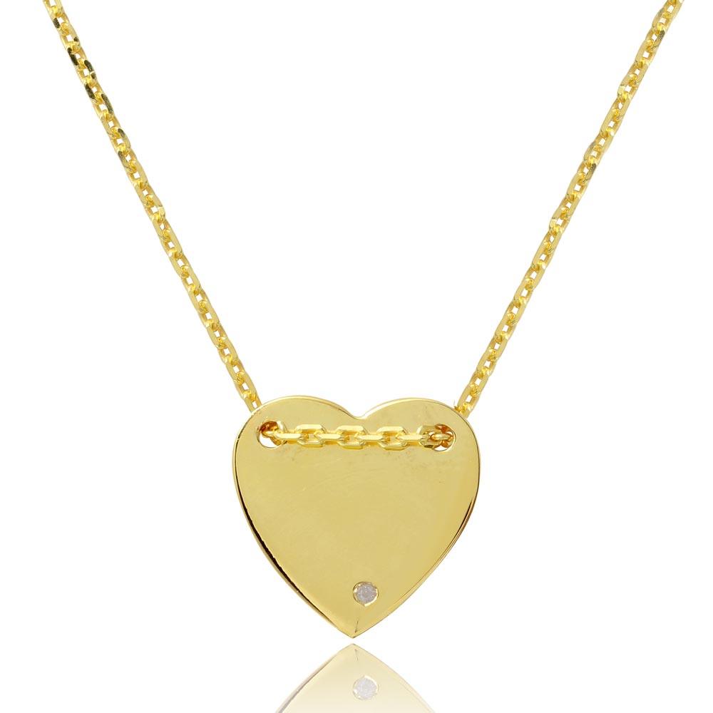 Silver 925 Gold Plated Engravable Heart Shaped Necklace with CZ - DIN00076GP | Silver Palace Inc.
