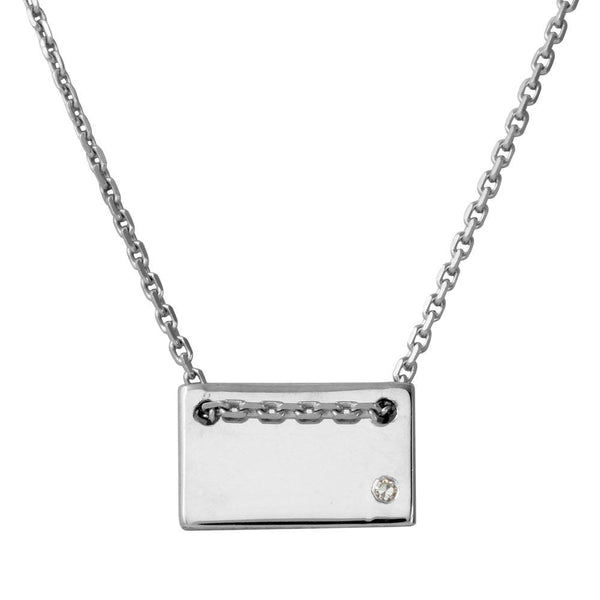 Silver 925 Rhodium Plated Engravable Small Rectangle Shaped Necklace with CZ - DIN00077RH | Silver Palace Inc.