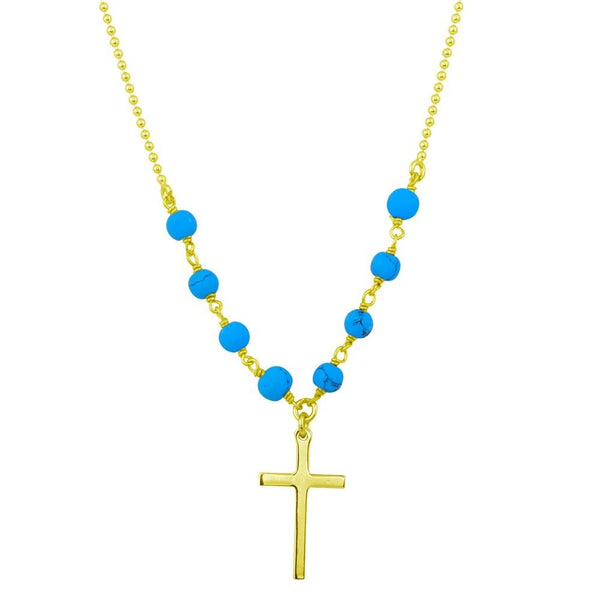 Silver 925 Gold Plated Small Cross Necklace with Turquoise Beads - DIN00089GP | Silver Palace Inc.