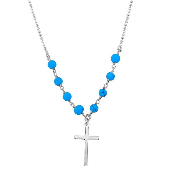 Silver 925 Rhodium Plated Small Cross Necklace with Turquoise Beads - DIN00089RH | Silver Palace Inc.