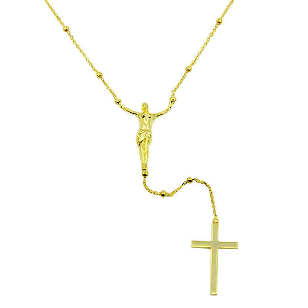 Silver 925 Gold Plated Crucifix Rosary Necklace - DIN00094GP | Silver Palace Inc.
