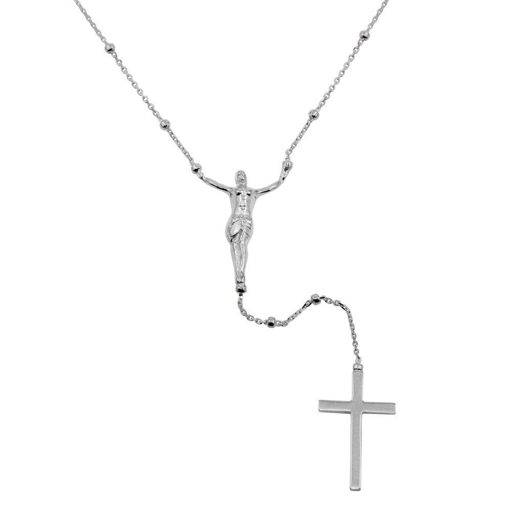 Silver 925 Rhodium Plated Crucifix Rosary Necklace - DIN00094RH | Silver Palace Inc.