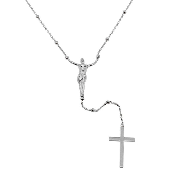 Silver 925 Rhodium Plated Crucifix Rosary Necklace - DIN00094RH | Silver Palace Inc.