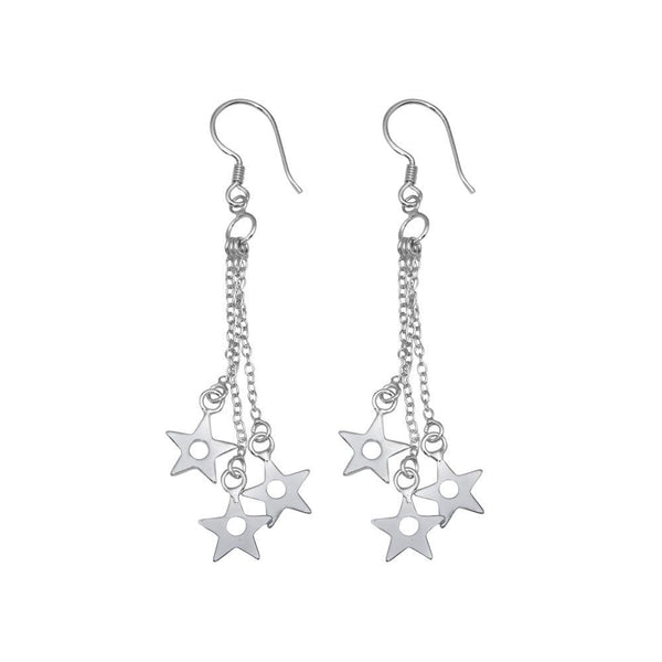Silver 925 Rhodium Plated Three Wire Dangling Open Stars Hook Earrings - DSE00014 | Silver Palace Inc.