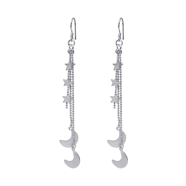 Silver 925 Rhodium Plated Wire Dangling Star and Crescent Moon Hook Earrings - DSE00033 | Silver Palace Inc.