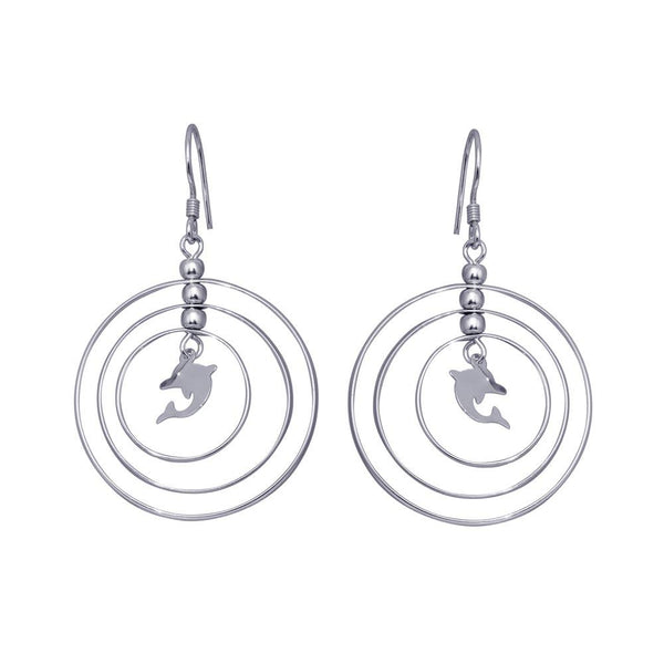 Silver 925 Rhodium Plated Open Graduated Circle Center Dolphin Dangling Hook Earrings - DSE00067 | Silver Palace Inc.