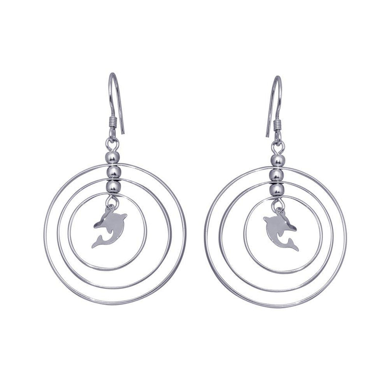 Silver 925 Rhodium Plated Open Graduated Circle Center Dolphin Dangling Hook Earrings - DSE00067 | Silver Palace Inc.
