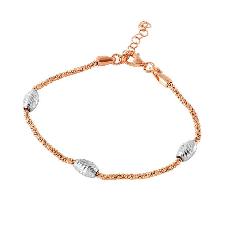 Silver 925 Rose Gold Plated Pop Corn Chain Italian Bracelet with Oval Bead Accents - ECB00129RGP | Silver Palace Inc.