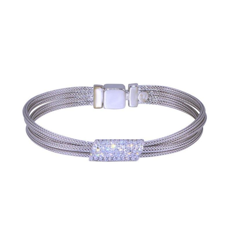Closeout-Rhodium Plated 925 Sterling Silver Mesh Clear CZ Bracelet - ECB00044RH | Silver Palace Inc.