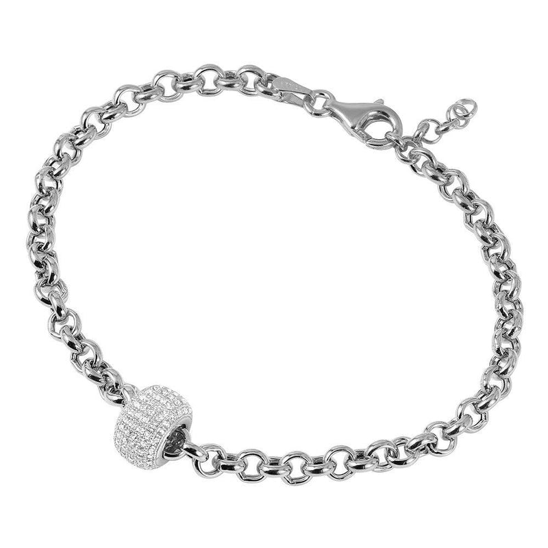 Silver 925 Rhodium Plated Rolo Bracelet with Micro Pave Center Bead - ECB00047RH | Silver Palace Inc.