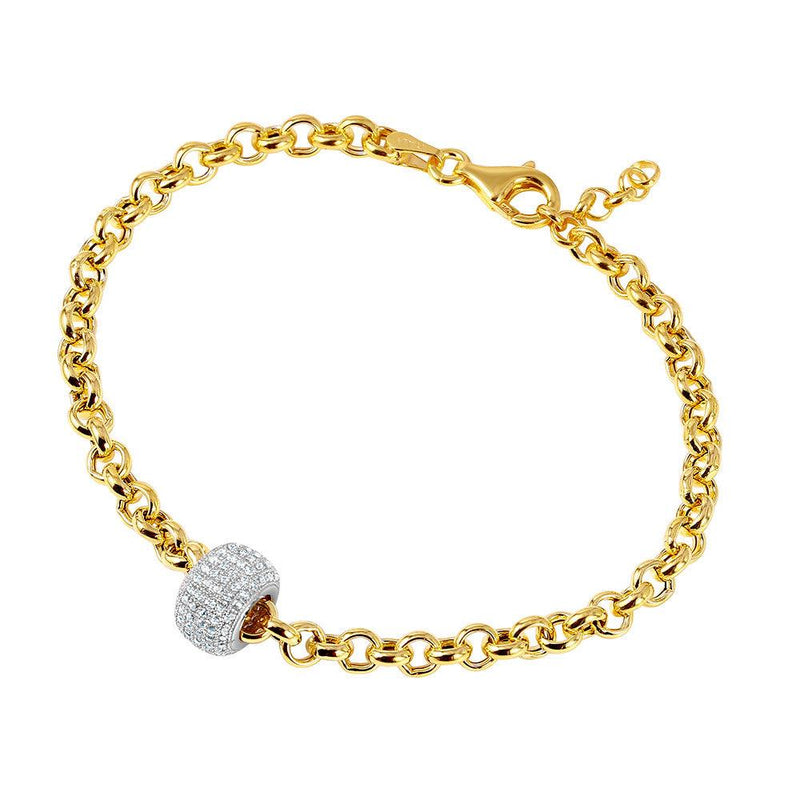Silver 925 Gold Plated Rolo Bracelet with Micro Pave Center Bead - ECB00047YW | Silver Palace Inc.