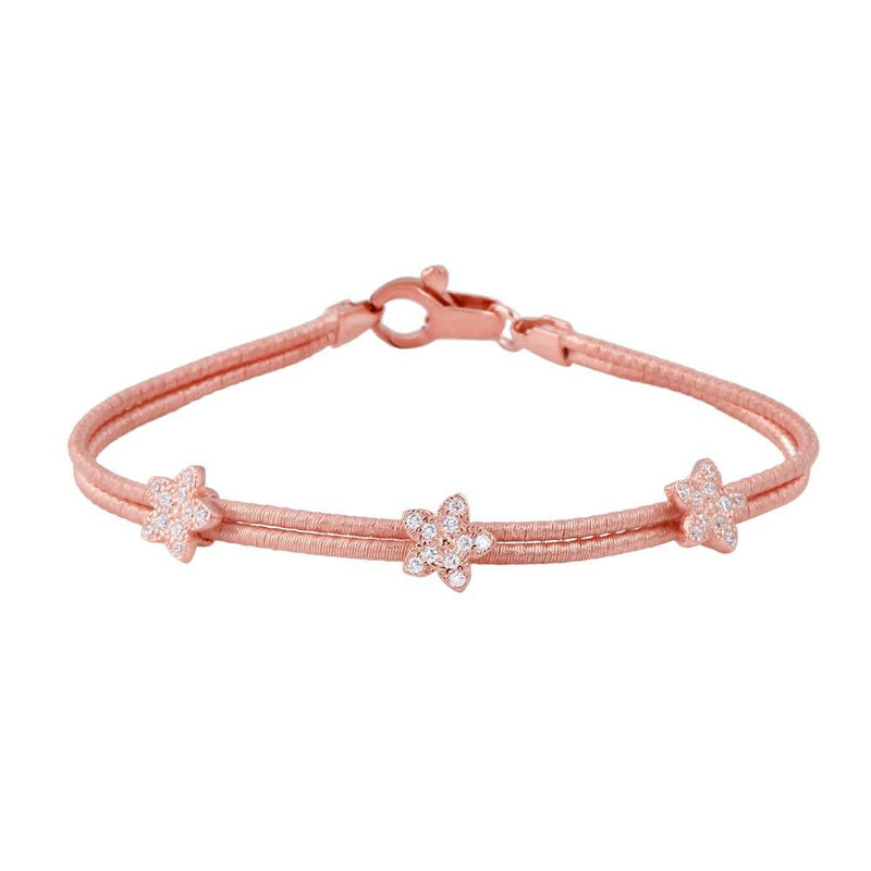 Closeout-Silver 925 Rose Gold Plated Two Strand CZ Flower Charm Bracelet - ECB00055R | Silver Palace Inc.