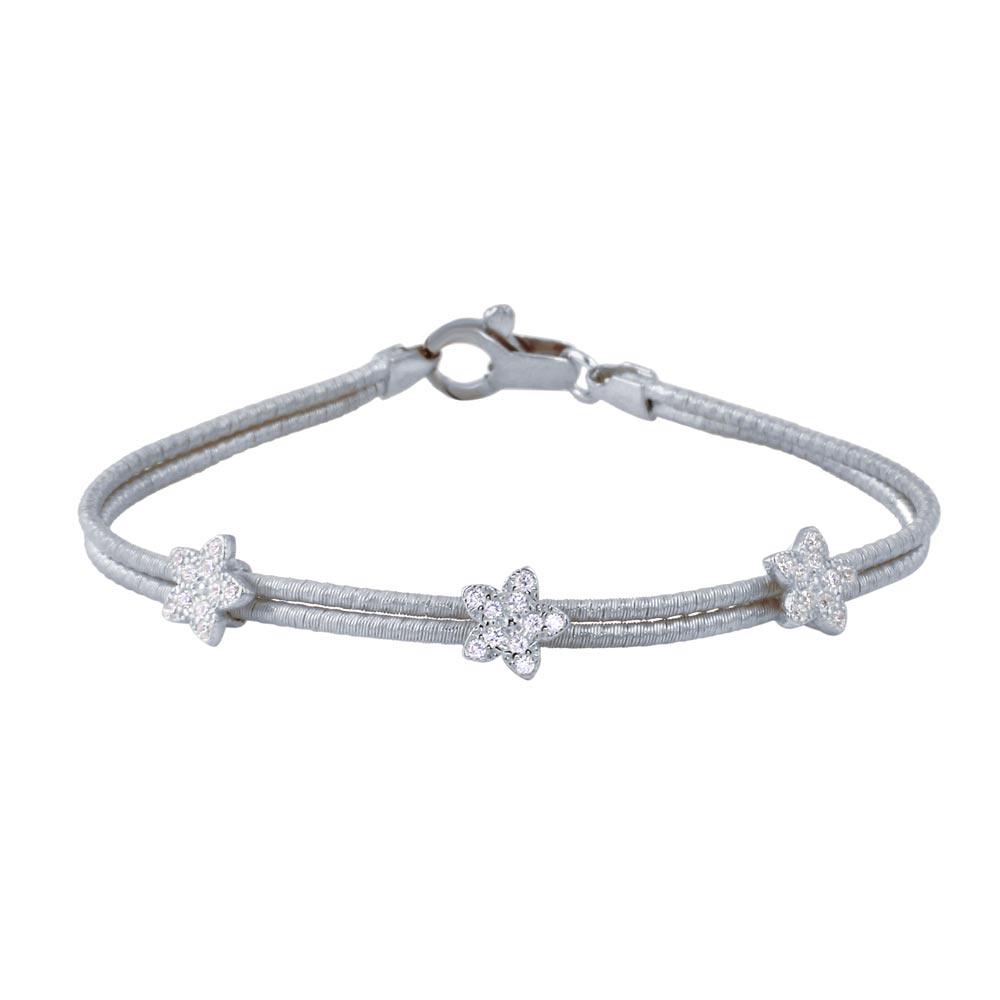 Rhodium Plated 925 Sterling Silver Two Strand CZ Flower Charm
