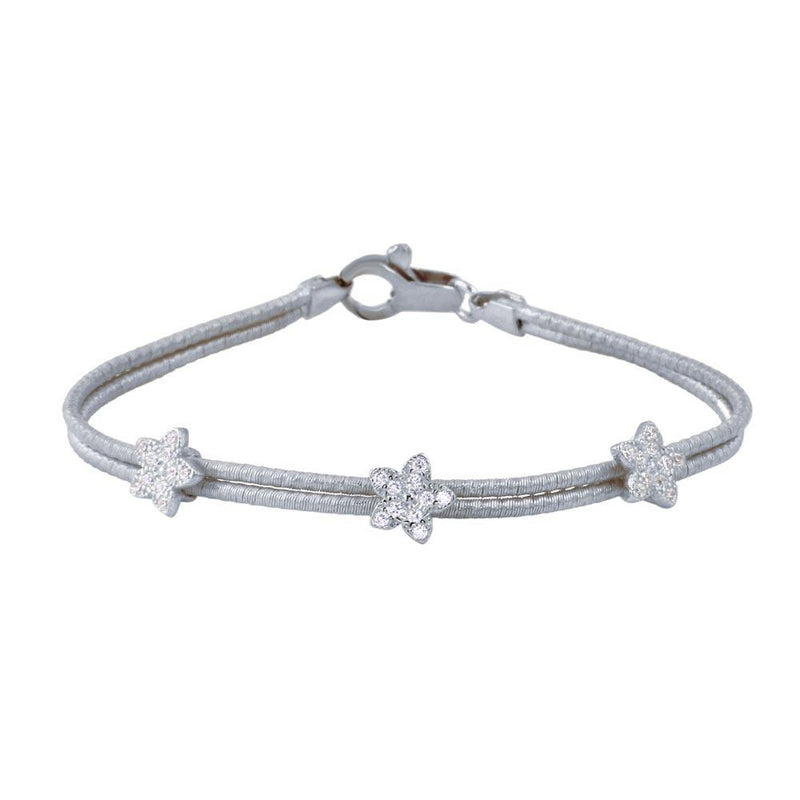 Closeout-Rhodium Plated 925 Sterling Silver Two Strand CZ Flower Charm Bracelet - ECB00055RH | Silver Palace Inc.