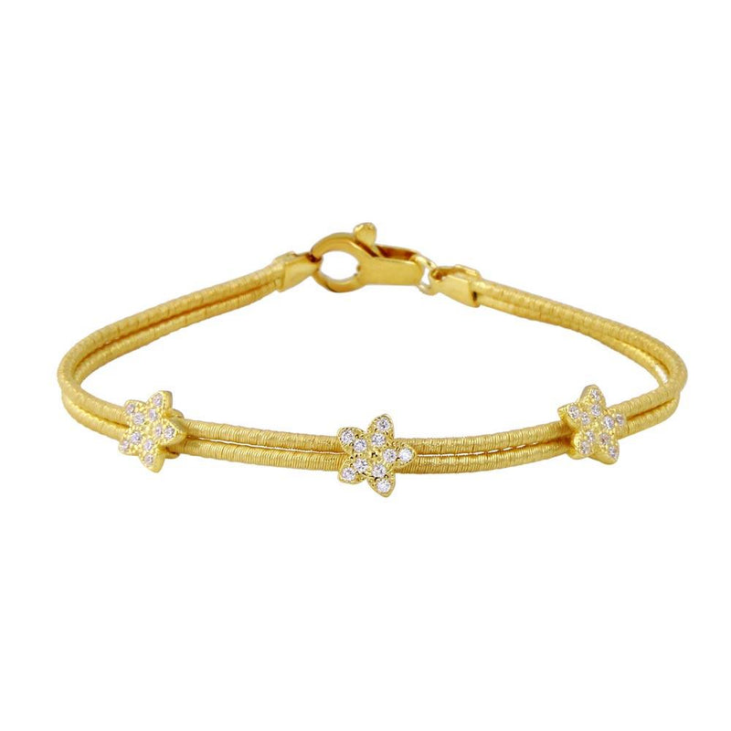 Closeout-Silver 925 Gold Plated Two Strand CZ Flower Charm Bracelet - ECB00055Y | Silver Palace Inc.