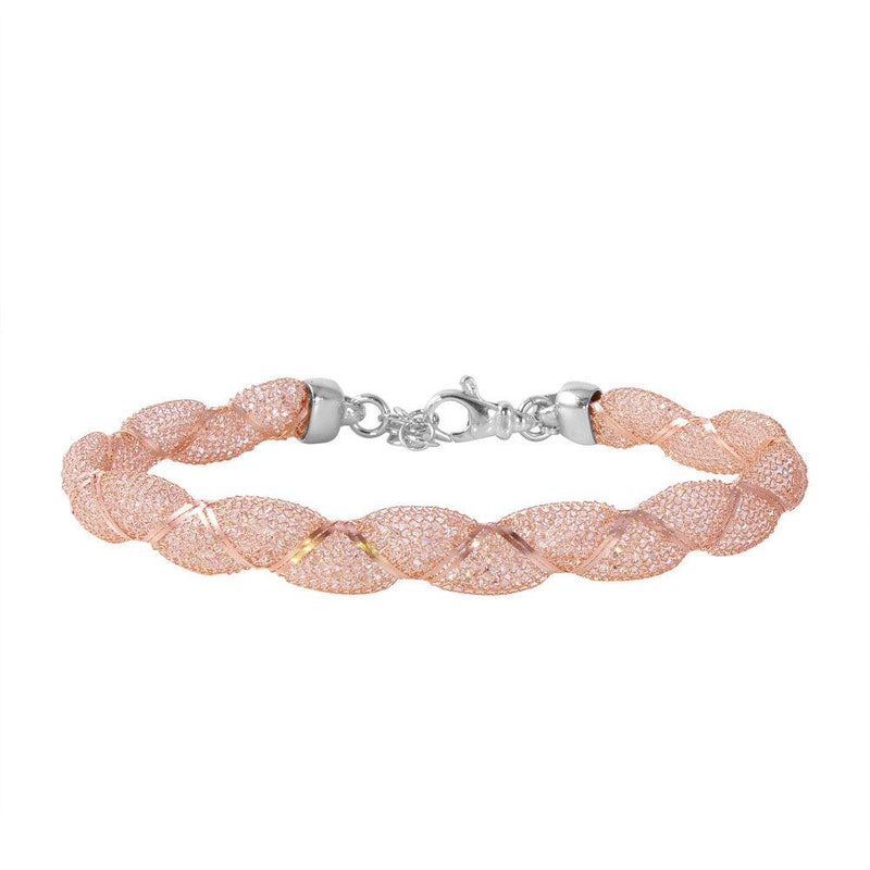 Silver 925 Rose Gold Plated Mesh and Wrapped Embedded CZ Italian Bracelet - ECB00092R | Silver Palace Inc.