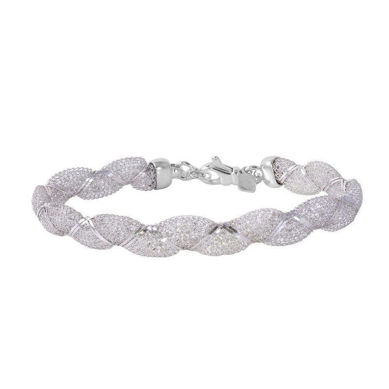 Silver 925 Rhodium Plated Mesh and Wrapped Embedded CZ Italian Bracelet - ECB00092RH | Silver Palace Inc.