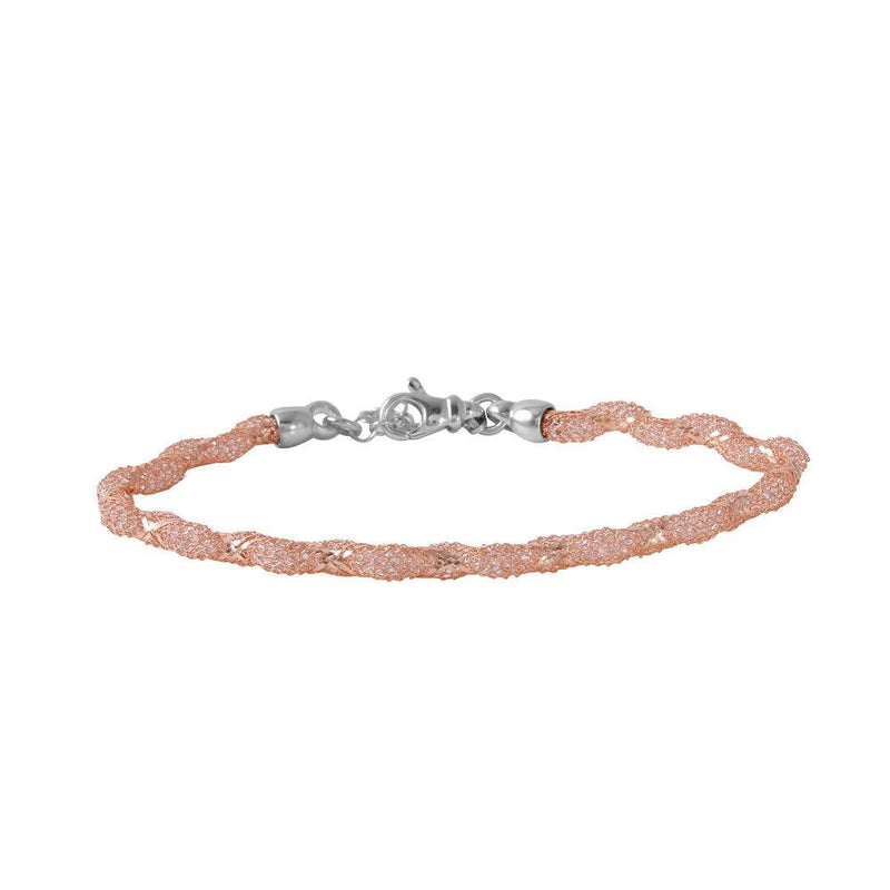 Silver 925 Rose Gold Plated Mesh and Wrapped Embedded CZ Slim Italian Bracelet - ECB00095R | Silver Palace Inc.