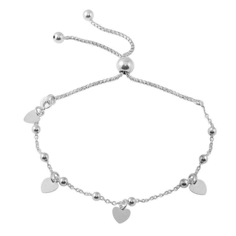 Silver 925 Rhodium Plated Box Chain Multi Heart and Bead Lariat Bracelet - ECB00127RH | Silver Palace Inc.