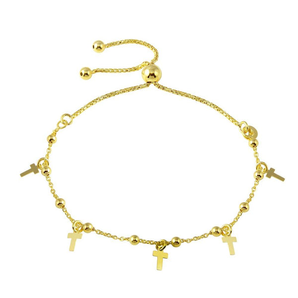 Silver 925 Gold Plated Box Chain Bead and Cross Lariat Bracelet - ECB00128GP | Silver Palace Inc.