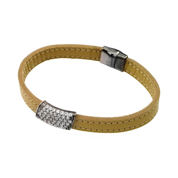 Silver 925 Rhodium Plated Clear CZ Inlay Yellow Leather Bracelet - ECB002BLK | Silver Palace Inc.