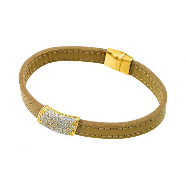 Silver 925 Gold Plated Clear CZ Inlay Yellow Leather Bracelet - ECB002GP | Silver Palace Inc.