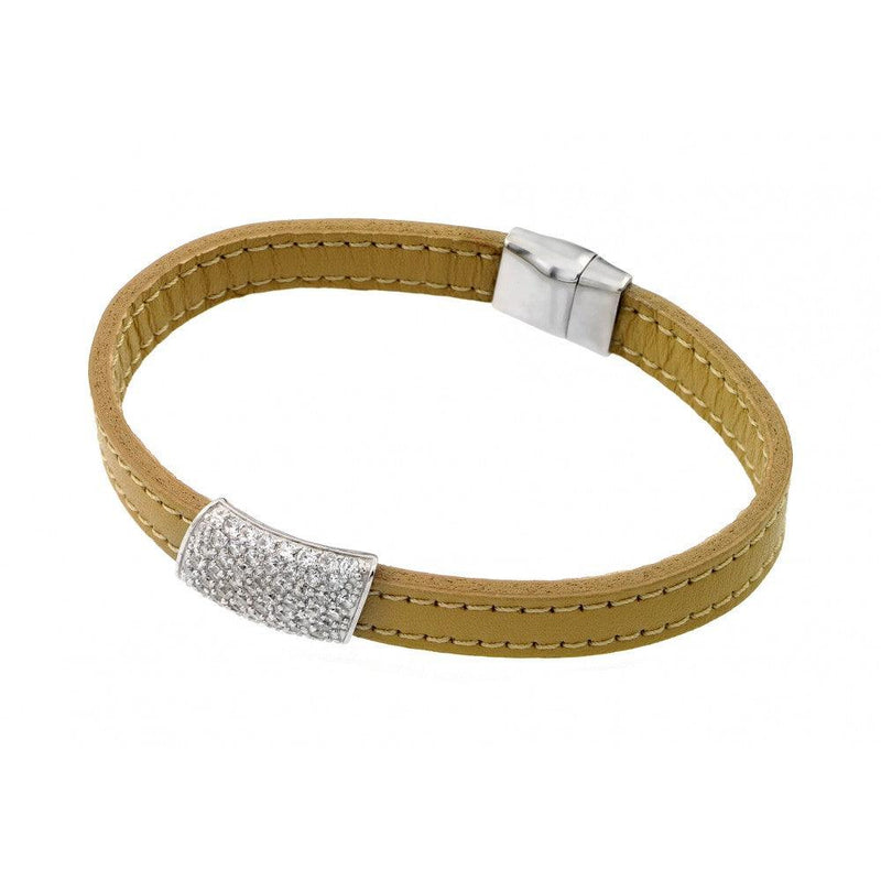 Silver 925 Rhodium Plated Clear Micro Pave CZ Leather Bracelet - ECB002RH | Silver Palace Inc.
