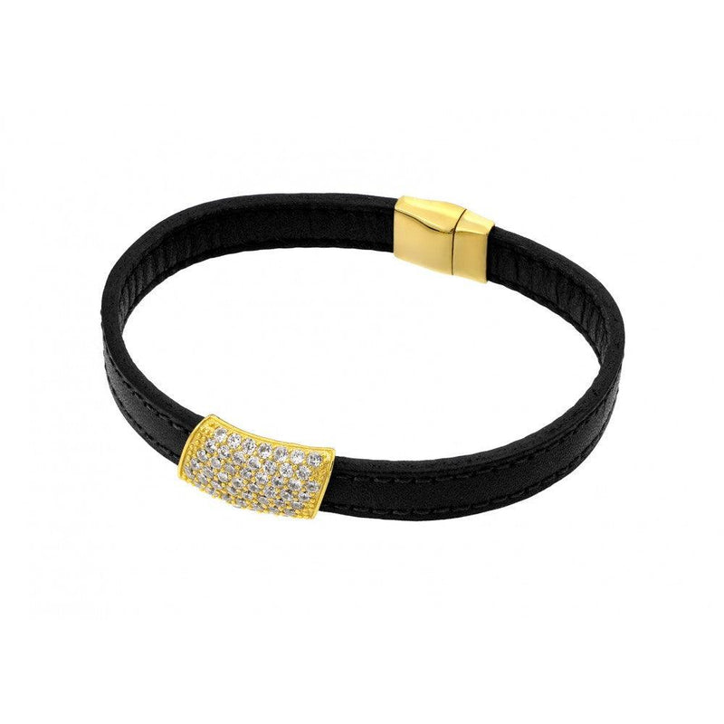 Silver 925 Gold Plated Clear Micro Pave CZ Black Leather Bracelet - ECB003GP | Silver Palace Inc.