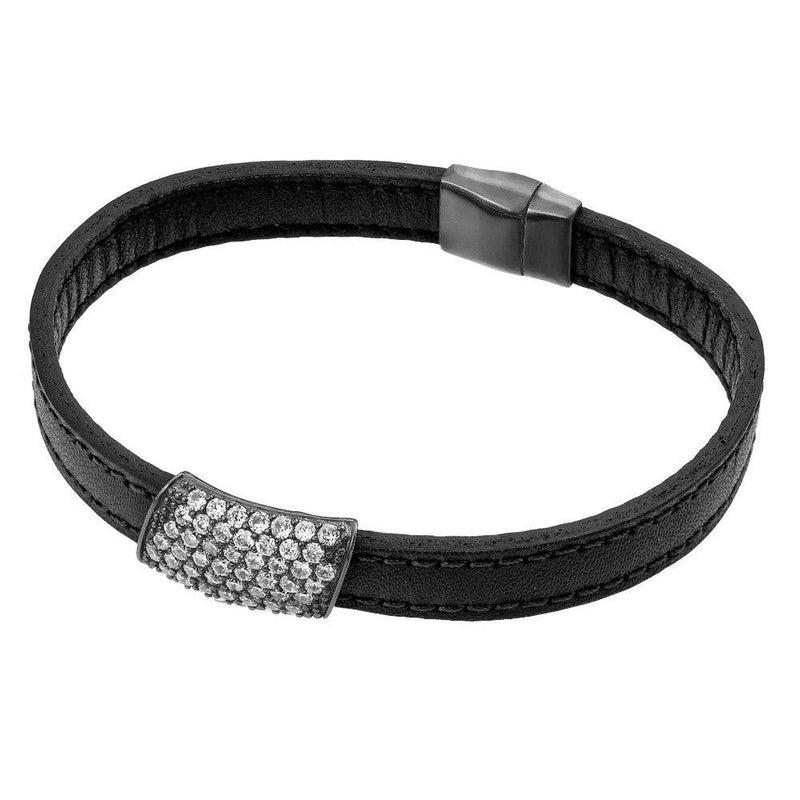 Closeout-Silver 925 Black Rhodium Plated Clear Micro Pave CZ Leather Bracelet - ECB004BLK | Silver Palace Inc.