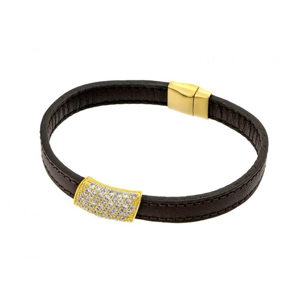 Closeout-Silver 925 Gold Plated Clear Micro Pave CZ Black Leather Bracelet - ECB004GP | Silver Palace Inc.