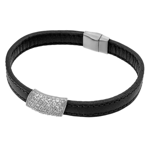 Closeout-Silver 925 Rhodium Plated Clear Micro Pave CZ Black Leather Bracelet - ECB004RH | Silver Palace Inc.