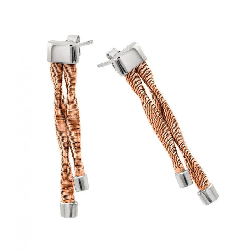 Silver Rhodium and Rose Gold Plated Double Smashed Long Dangling Stud Earrings - ECE004RGP | Silver Palace Inc.
