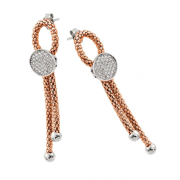 Silver 925 Rhodium and Rose Gold Plated Dangling Ribbon Center Circle CZ Inlay Dangling Stud Earrings - ECE010RGP | Silver Palace Inc.